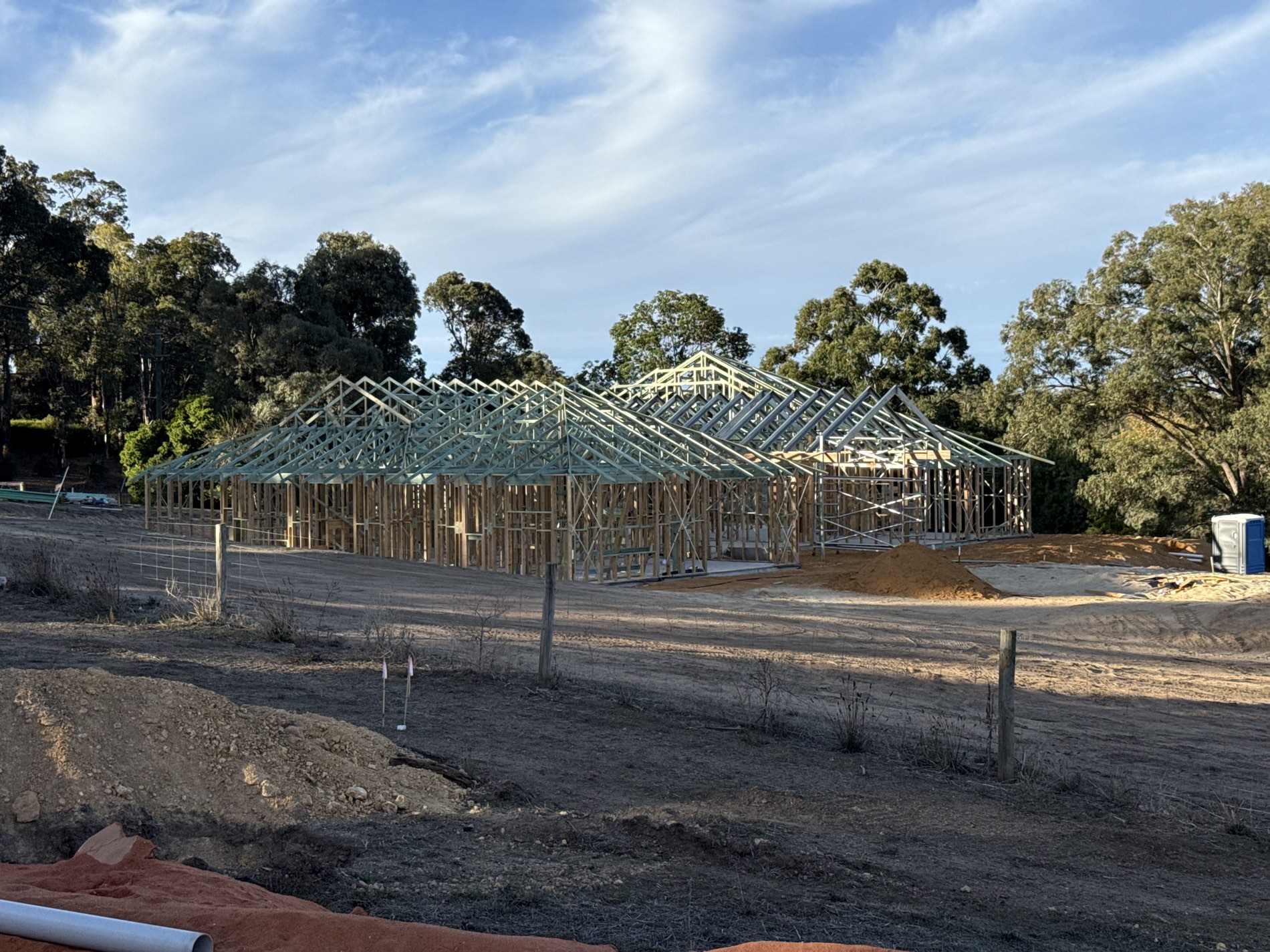 Timber roof truss frame erected on a new build in the Perth hills